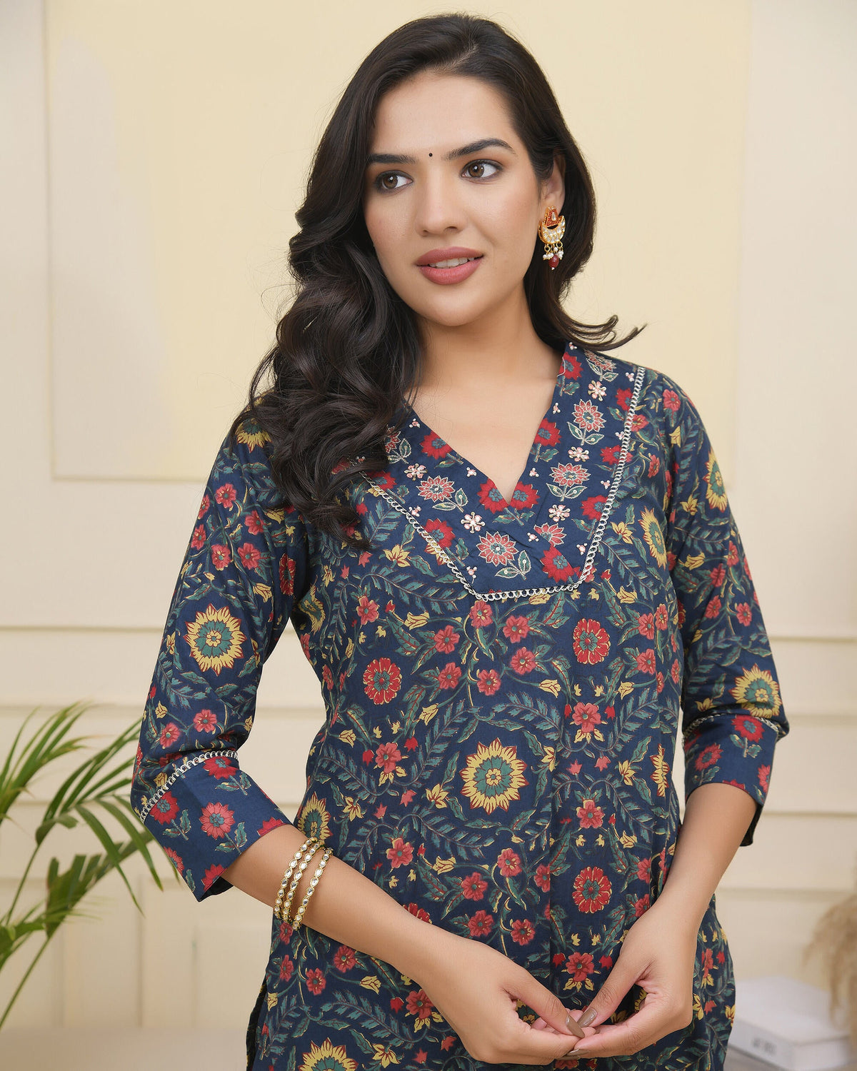 Vaasva Women Navy Cotton Kurta With Cotton Pant & Dupatta | Grocsy