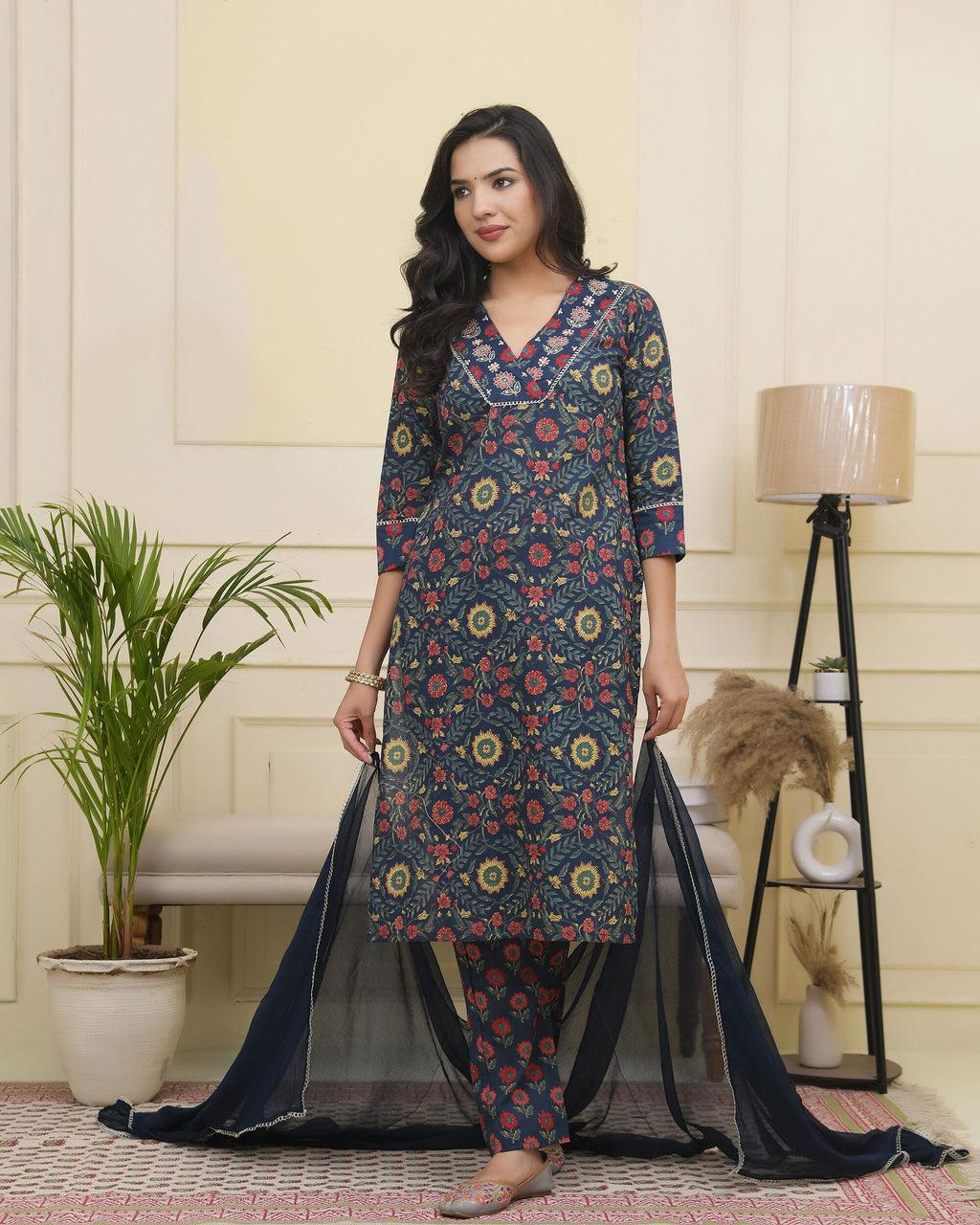Vaasva Women Navy Cotton Kurta With Cotton Pant & Dupatta | Grocsy