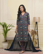 Vaasva Women Navy Cotton Kurta With Cotton Pant & Dupatta | Grocsy