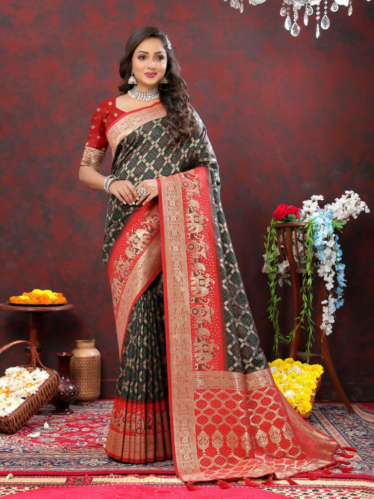 Vastranavya Black Soft Patola Silk With Meenakari Weaving Motifs And Rich Zari Weaving Pallu Saree With Matching Blouse Fabric | Grocsy