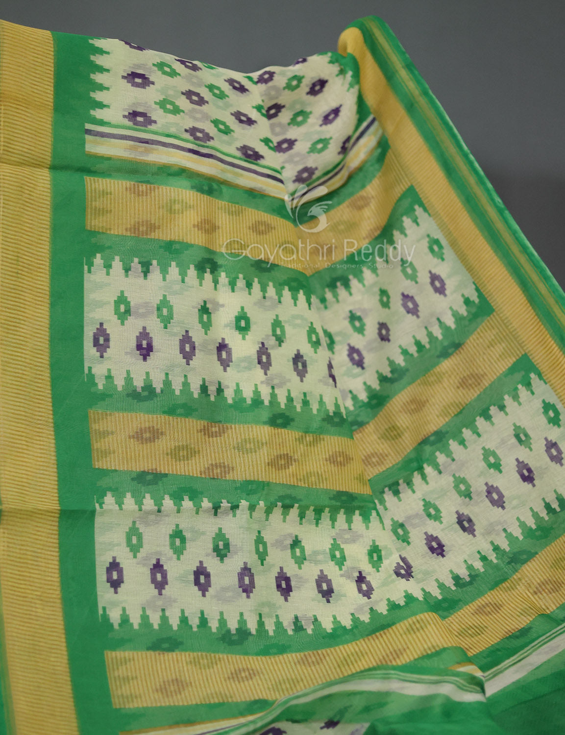 Shades of Cream And Mango Green Colour Blouse Patola Print Semi Chanderi Saree By Gayathri Reddy Designer Studio | Grocsy