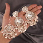 Tehzeeb Creations White Gold Trending Style Drop & Danglers Earring With Tikka For Girls & Women Diamond, Pearl Brass Drops | Grocsy