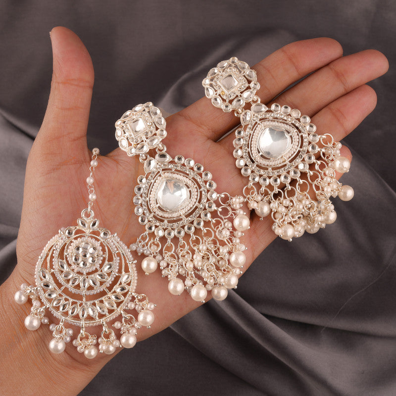 Tehzeeb Creations White Gold Trending Style Drop & Danglers Earring With Tikka For Girls & Women Diamond, Pearl Brass Drops | Grocsy