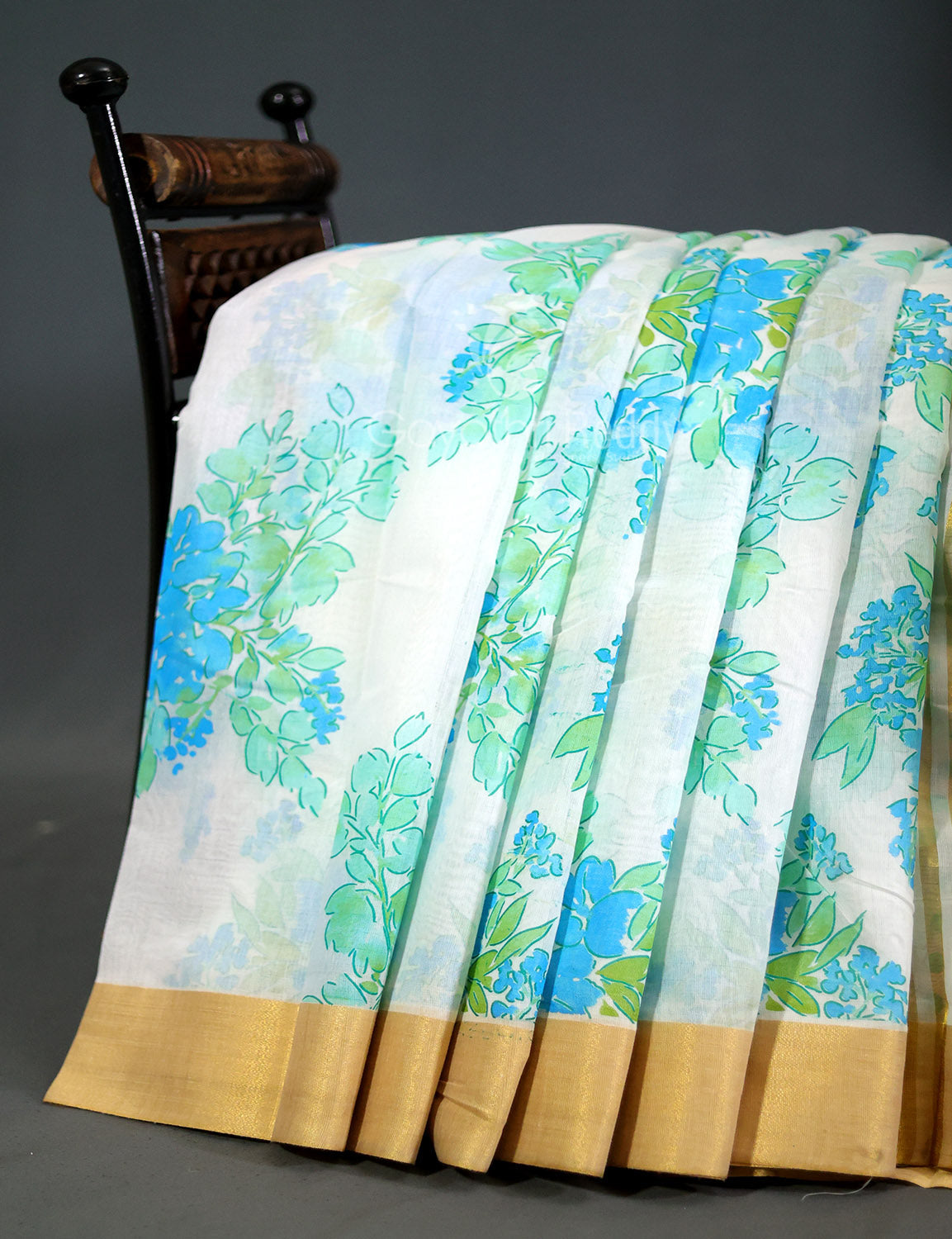 Shades of Milk White And Sky Blue Colour Floral Design Chanderi Printed Saree By Gayathri Reddy Designer Studio | Grocsy