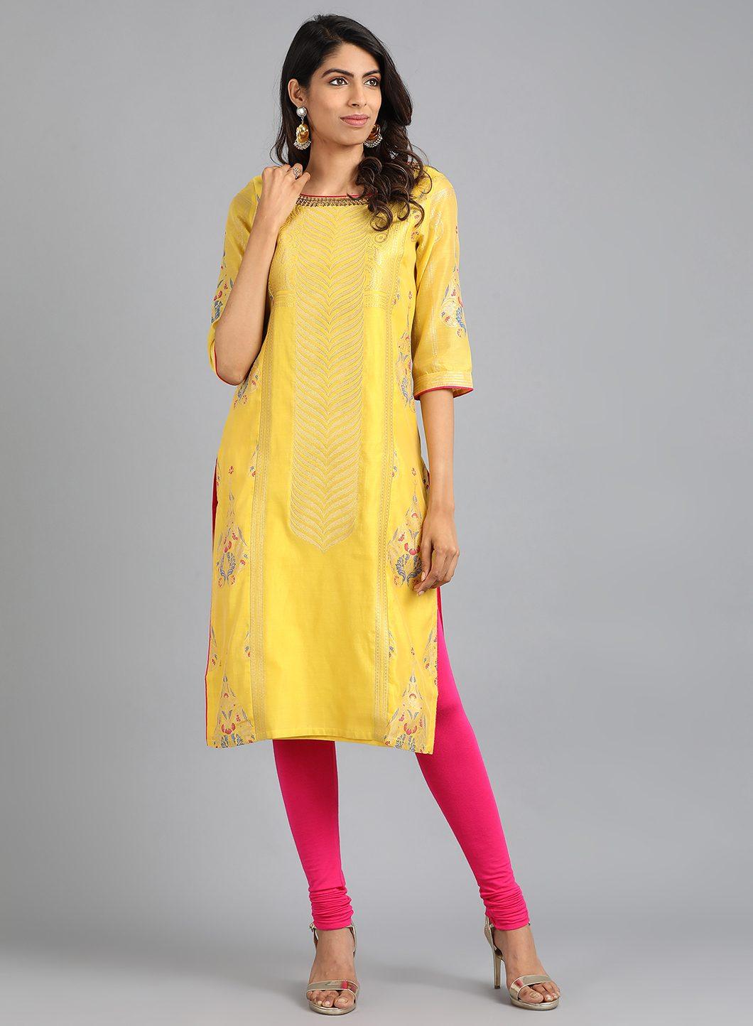 W for Woman Yellow Boat Neck Yarn-Dyed kurta | Grocsy