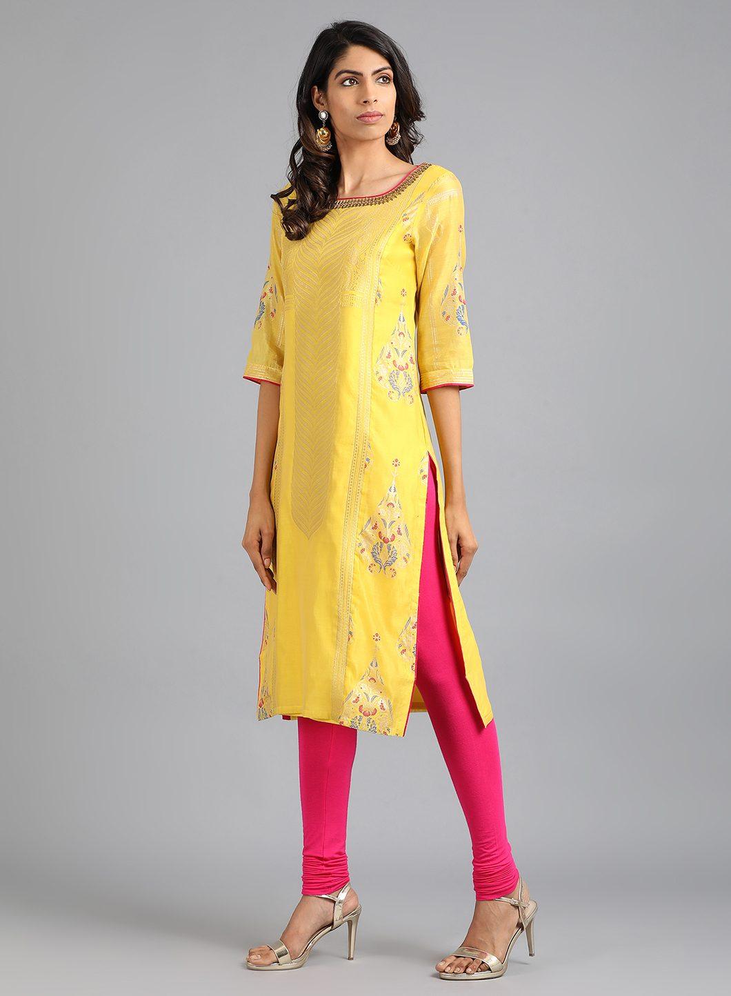 W for Woman Yellow Boat Neck Yarn-Dyed kurta | Grocsy