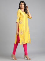 W for Woman Yellow Boat Neck Yarn-Dyed kurta | Grocsy