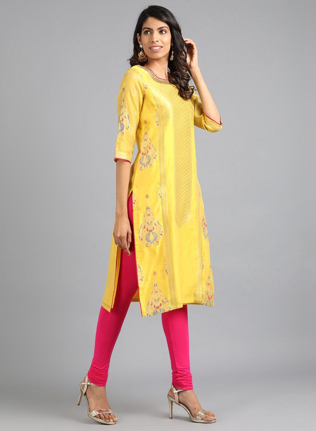 W for Woman Yellow Boat Neck Yarn-Dyed kurta | Grocsy
