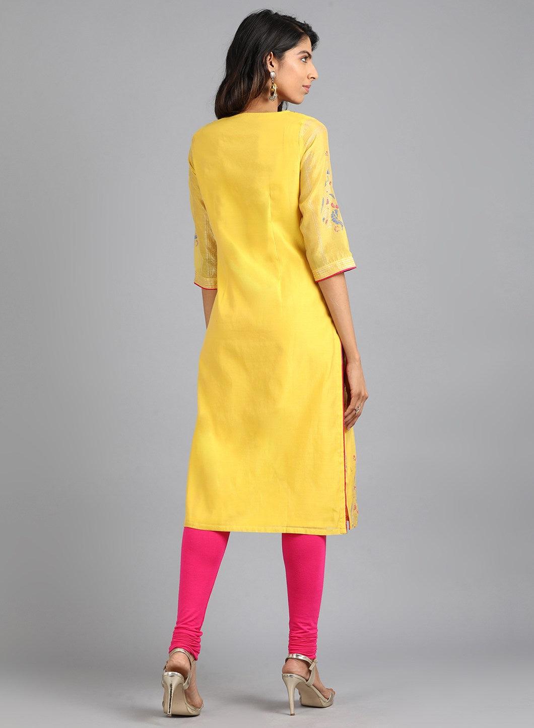 W for Woman Yellow Boat Neck Yarn-Dyed kurta | Grocsy