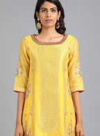 W for Woman Yellow Boat Neck Yarn-Dyed kurta | Grocsy
