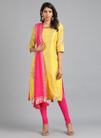 W for Woman Yellow Boat Neck Yarn-Dyed kurta | Grocsy