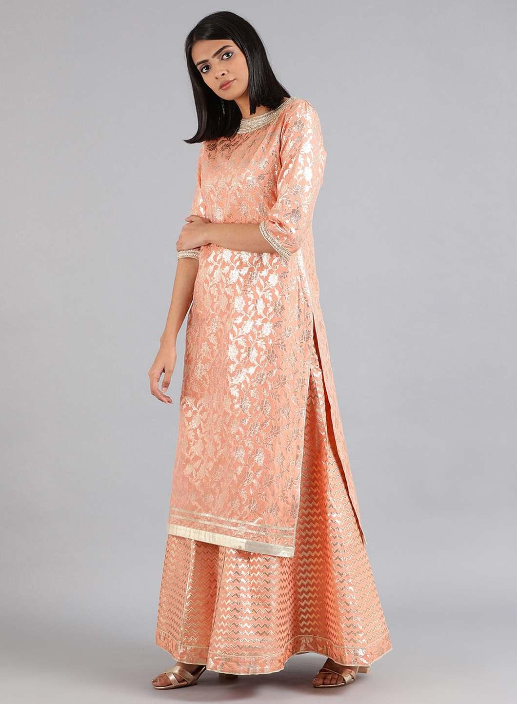 W for Woman Peach Round Neck Embellished kurta Set | Grocsy