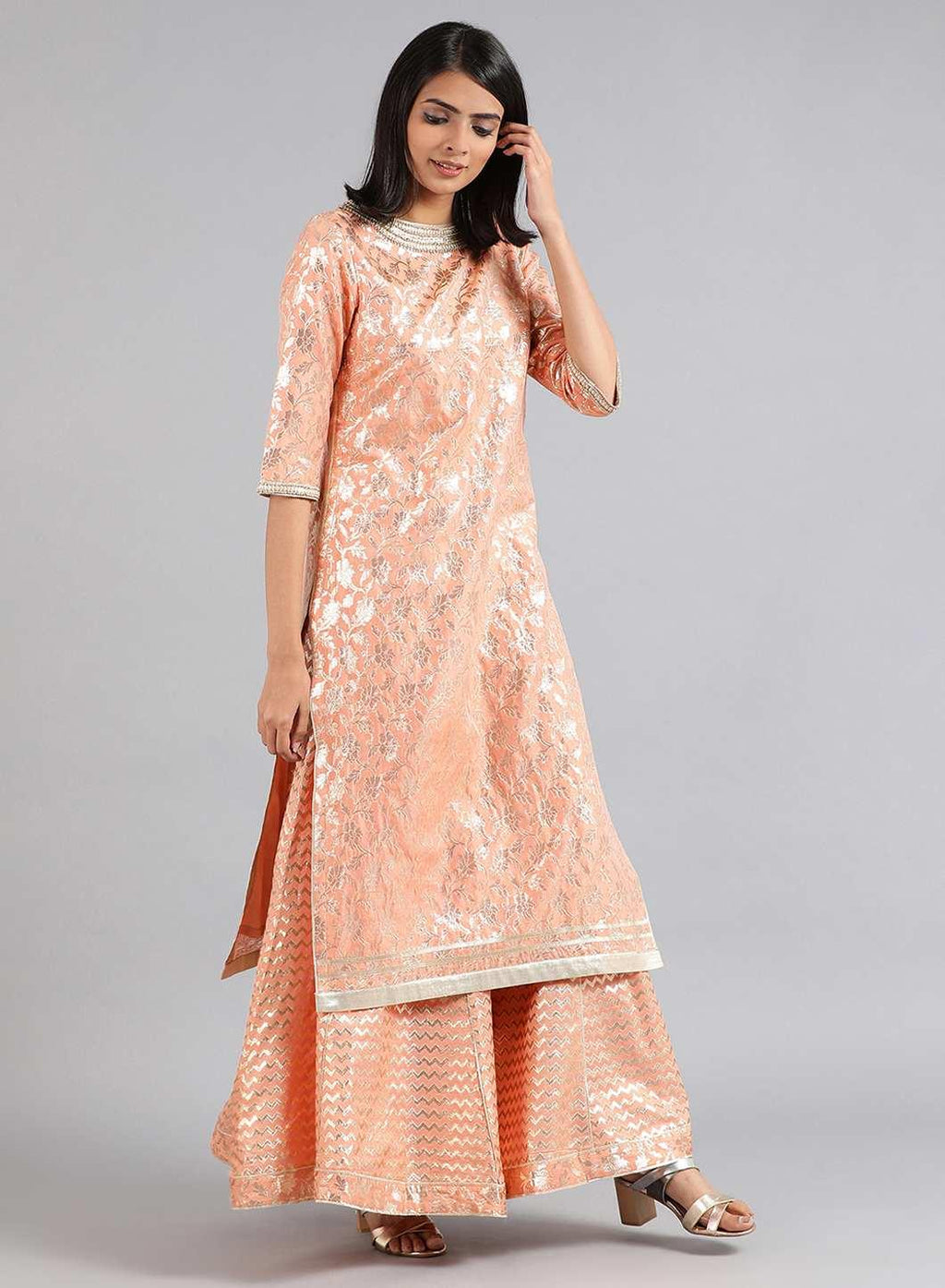W for Woman Peach Round Neck Embellished kurta Set | Grocsy