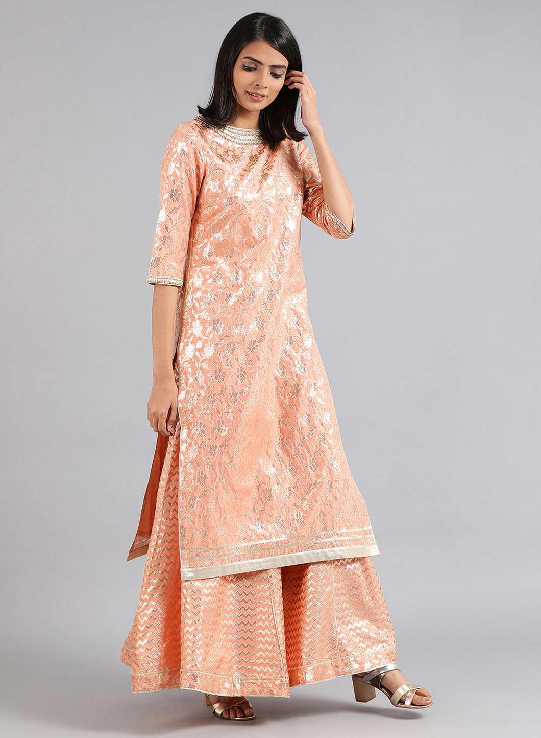 W for Woman Peach Round Neck Embellished kurta Set | Grocsy