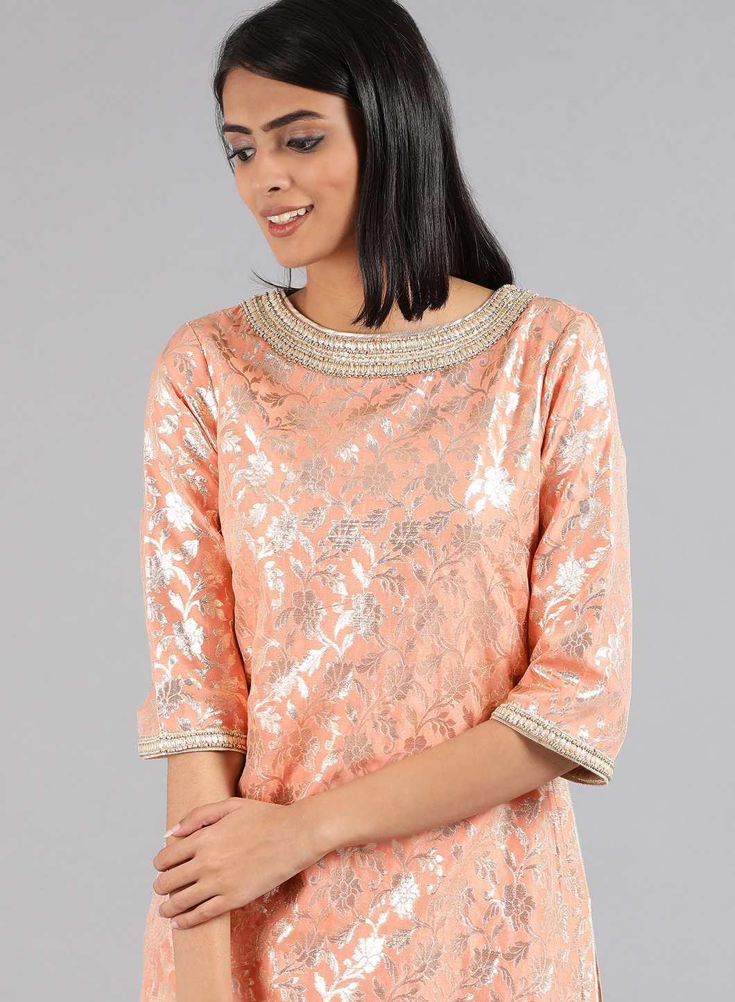 W for Woman Peach Round Neck Embellished kurta Set | Grocsy
