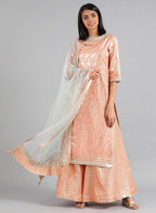 W for Woman Peach Round Neck Embellished kurta Set | Grocsy