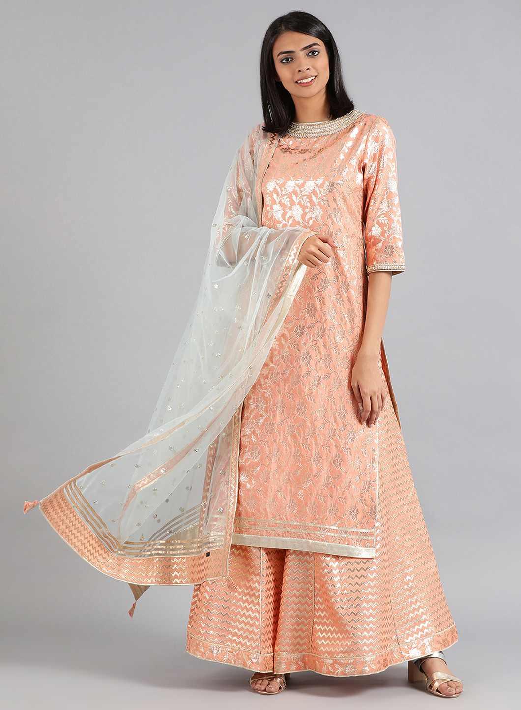 W for Woman Peach Round Neck Embellished kurta Set | Grocsy