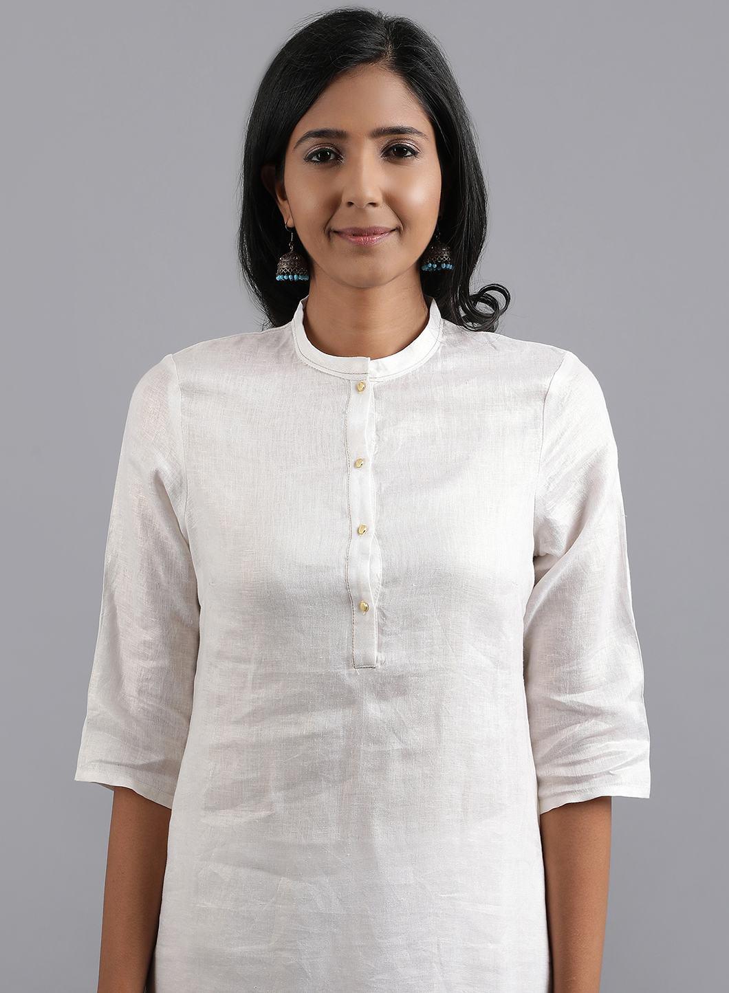 W for Woman White Mandarin Neck Solid kurta | Grocsy