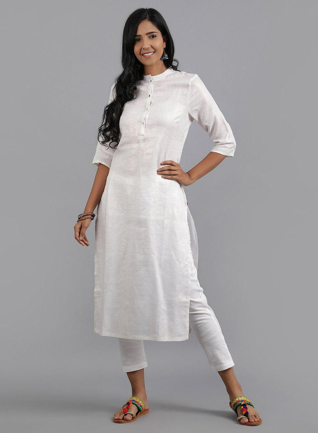W for Woman White Mandarin Neck Solid kurta | Grocsy