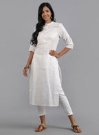 W for Woman White Mandarin Neck Solid kurta | Grocsy