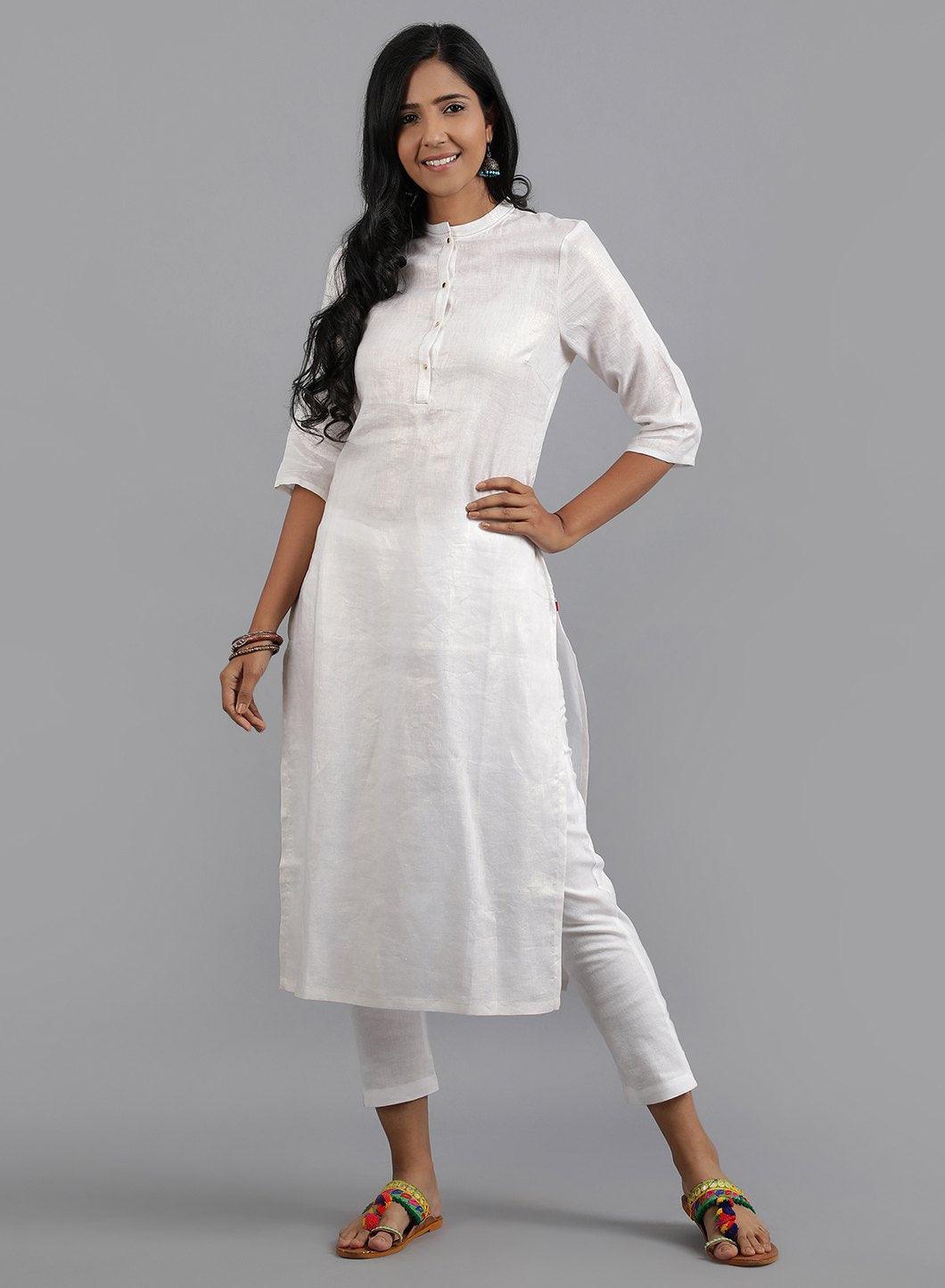 W for Woman White Mandarin Neck Solid kurta | Grocsy