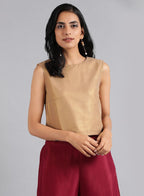W for Woman Golden Round Neck Solid Sleeveless Festive Top | Grocsy