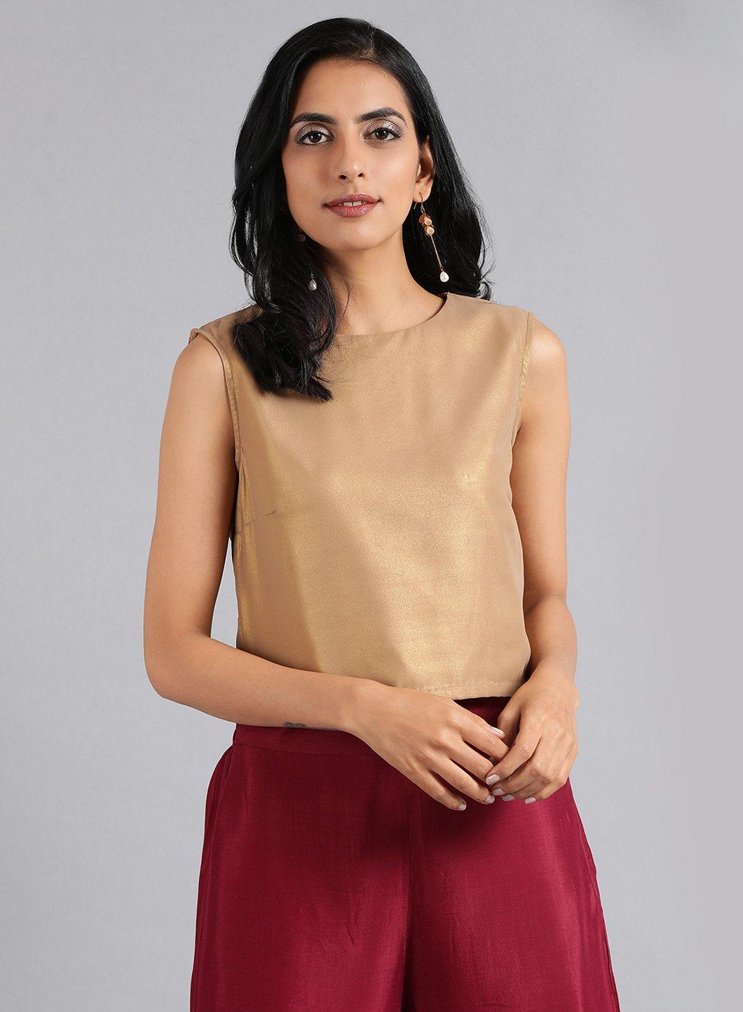 W for Woman Golden Round Neck Solid Sleeveless Festive Top | Grocsy