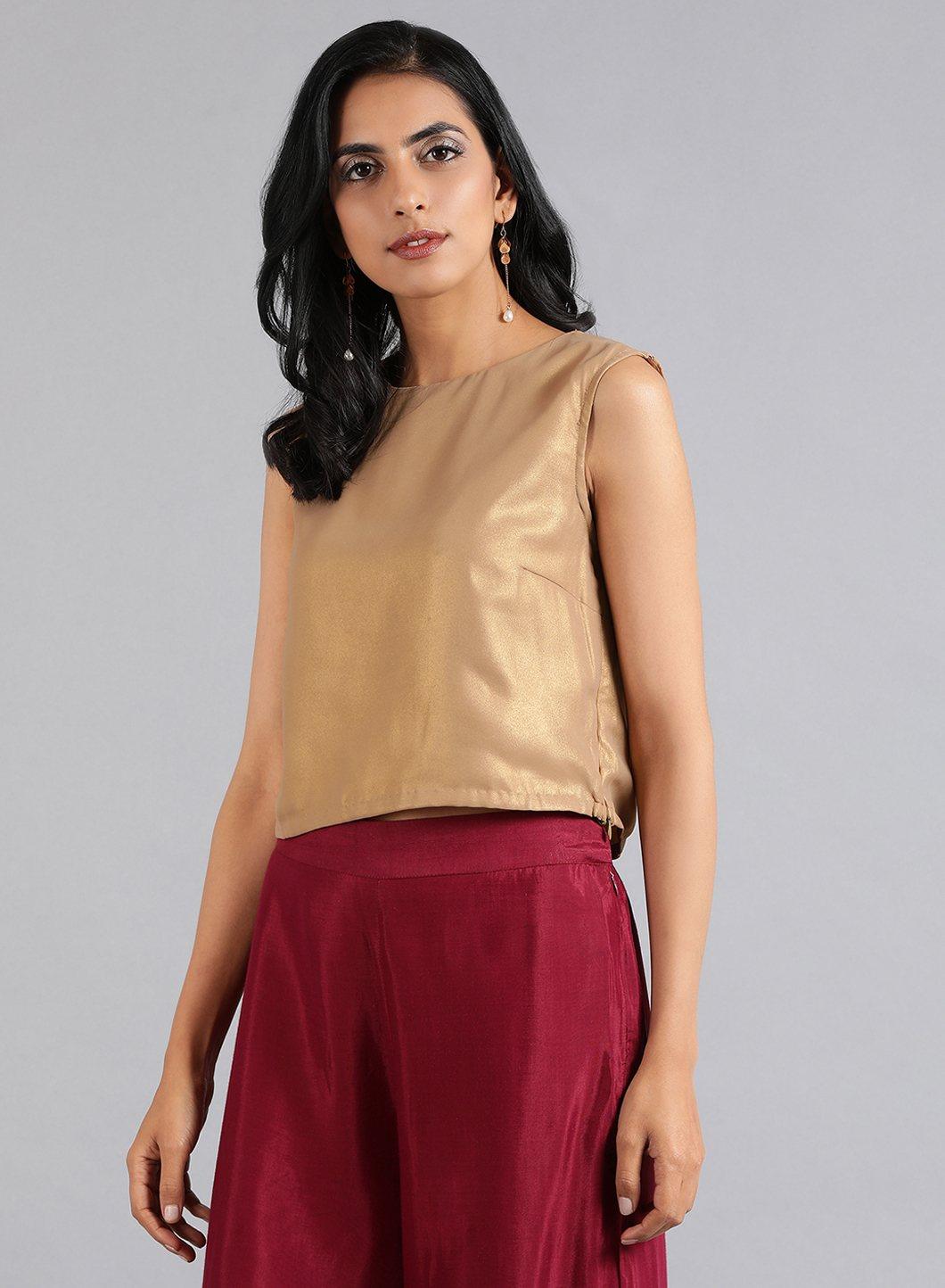 W for Woman Golden Round Neck Solid Sleeveless Festive Top | Grocsy