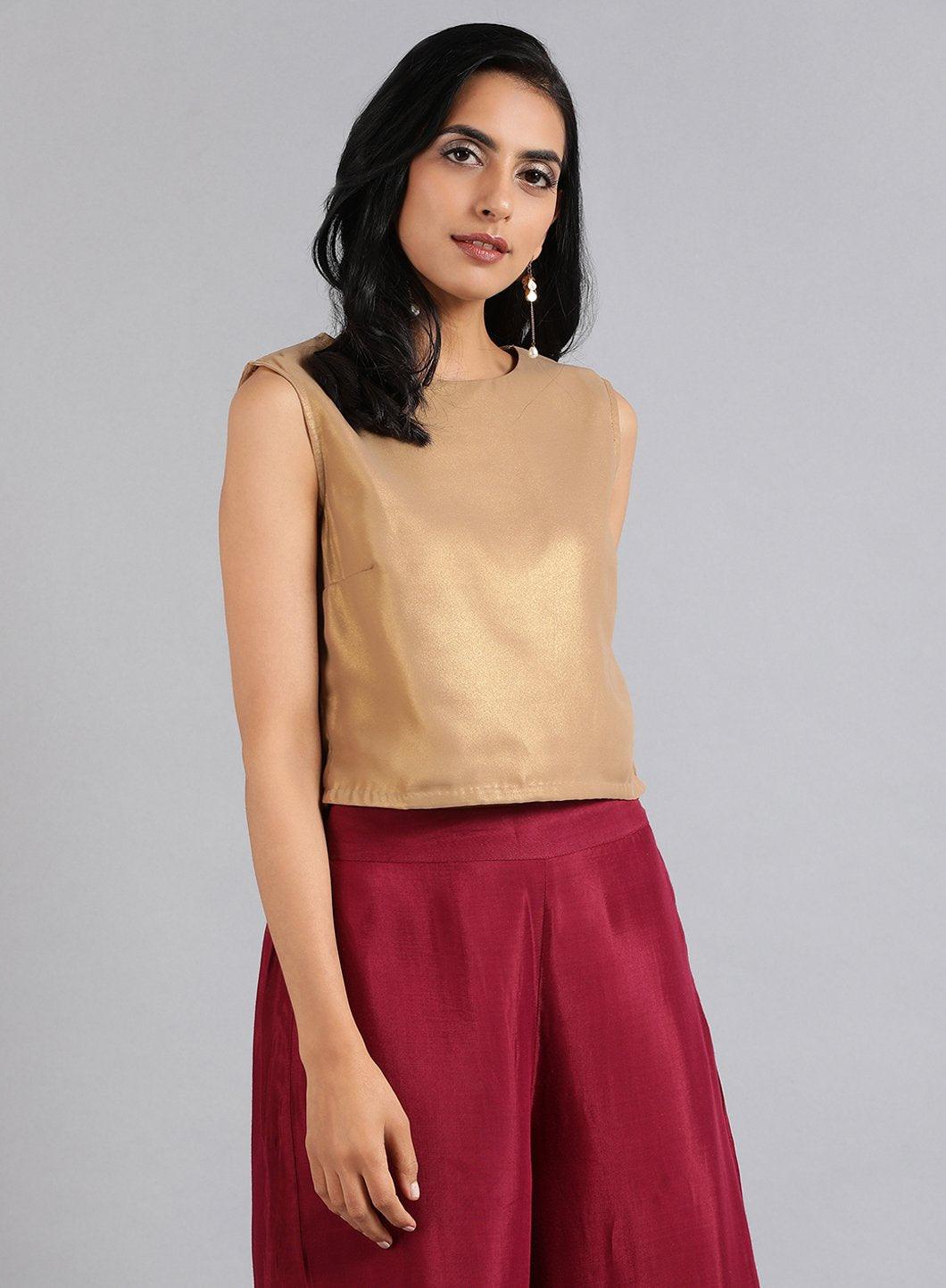 W for Woman Golden Round Neck Solid Sleeveless Festive Top | Grocsy
