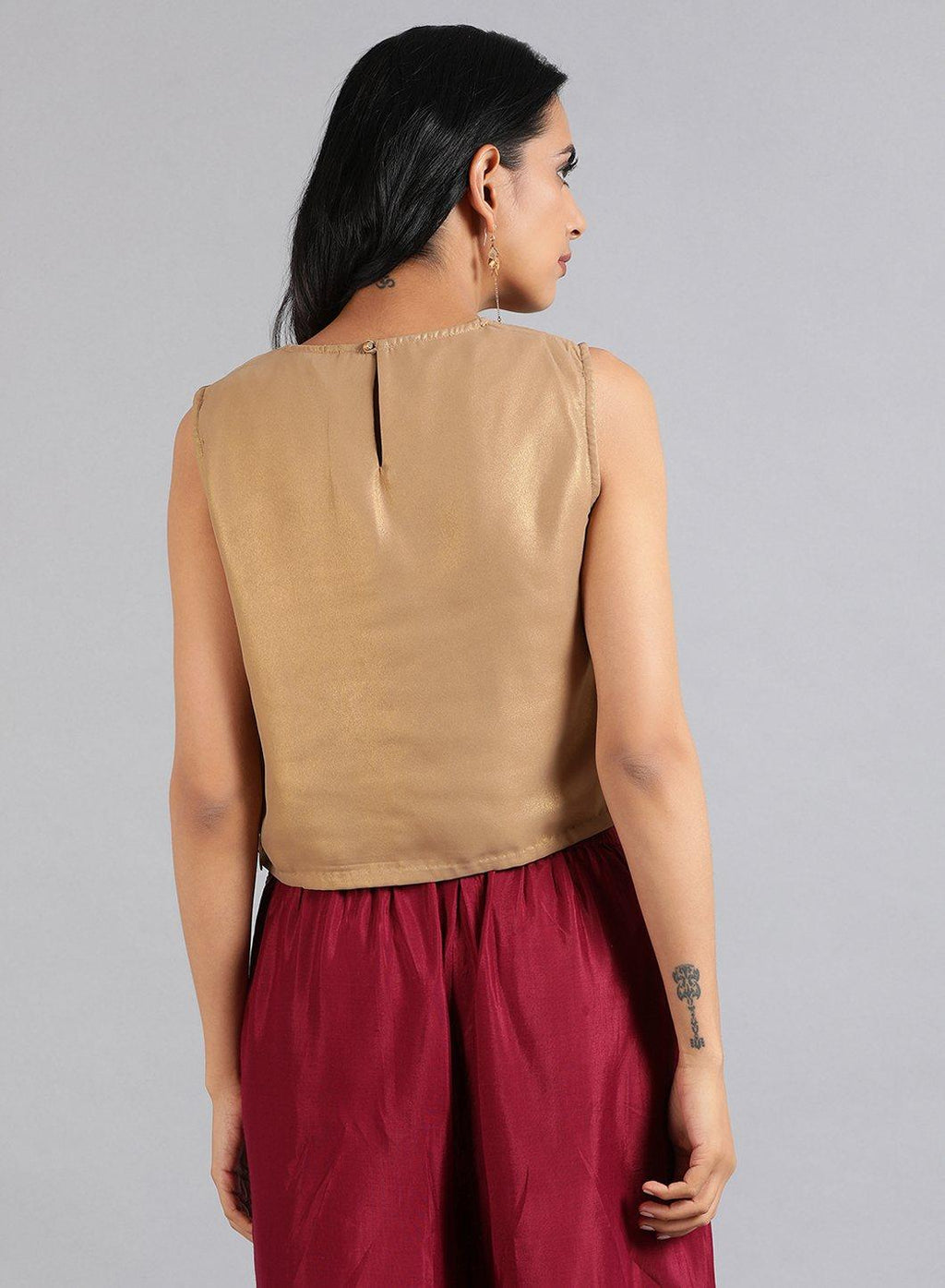W for Woman Golden Round Neck Solid Sleeveless Festive Top | Grocsy