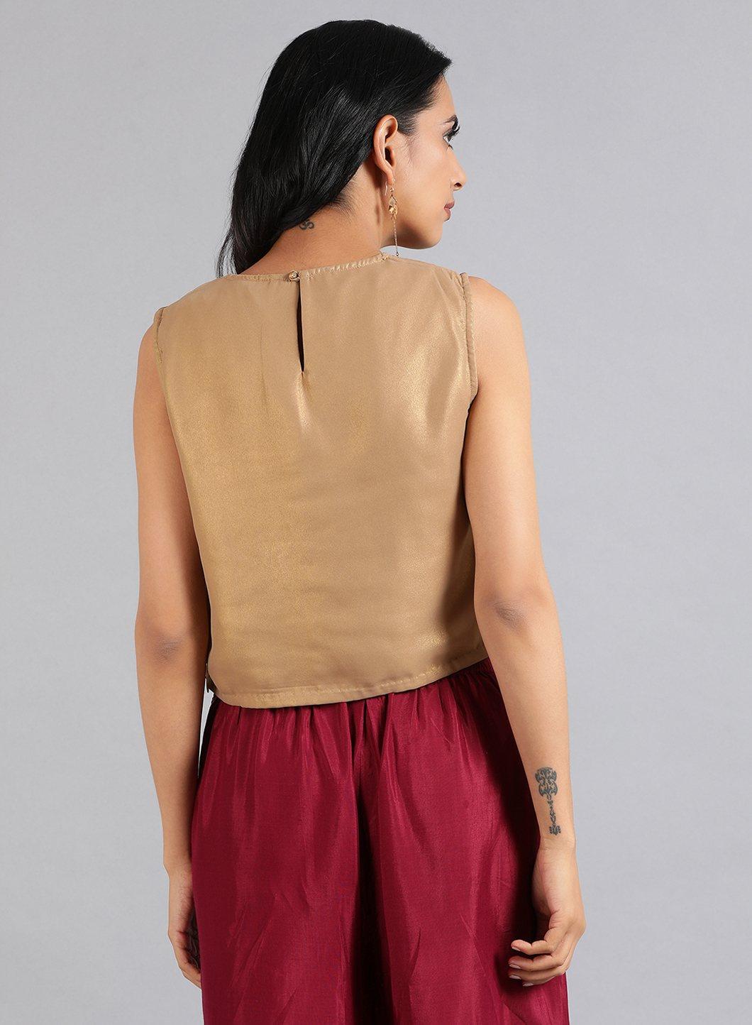 W for Woman Golden Round Neck Solid Sleeveless Festive Top | Grocsy
