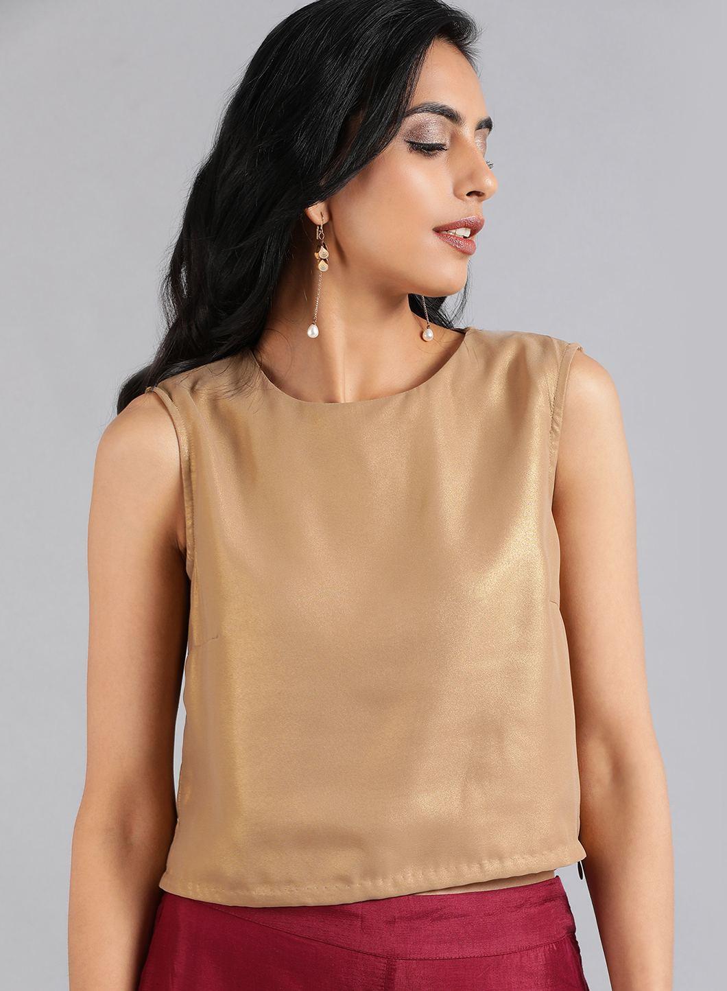 W for Woman Golden Round Neck Solid Sleeveless Festive Top | Grocsy