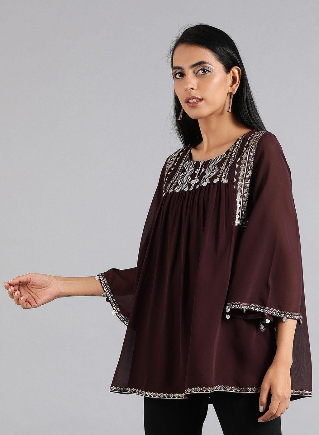 W for Woman Wine Round Neck Festive Top | Grocsy