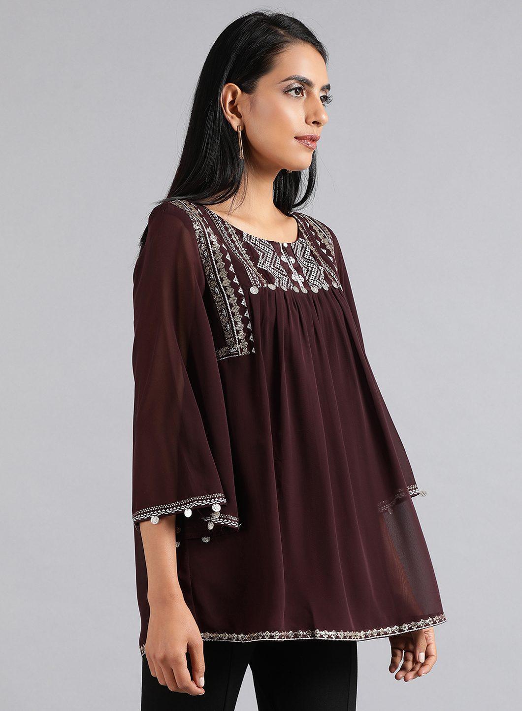 W for Woman Wine Round Neck Festive Top | Grocsy