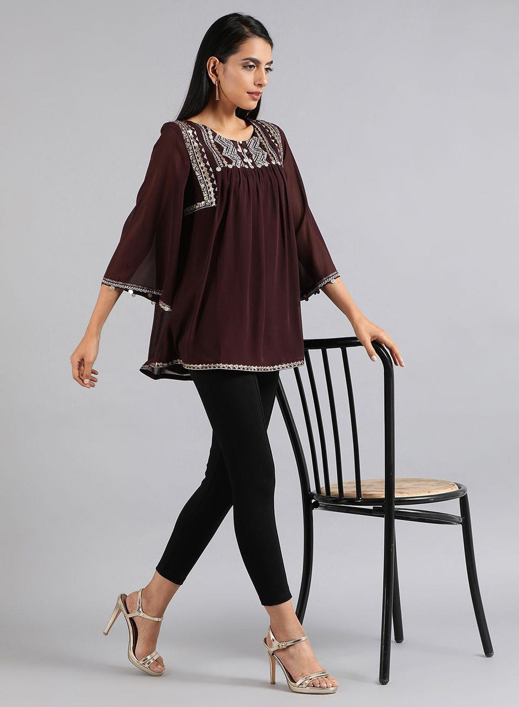 W for Woman Wine Round Neck Festive Top | Grocsy