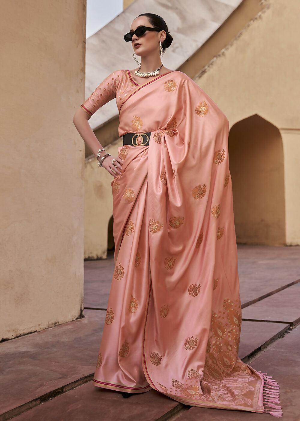 Coral Pink Pure Satin Zari Weaving Wedding Festive Saree - Emponline | Grocsy