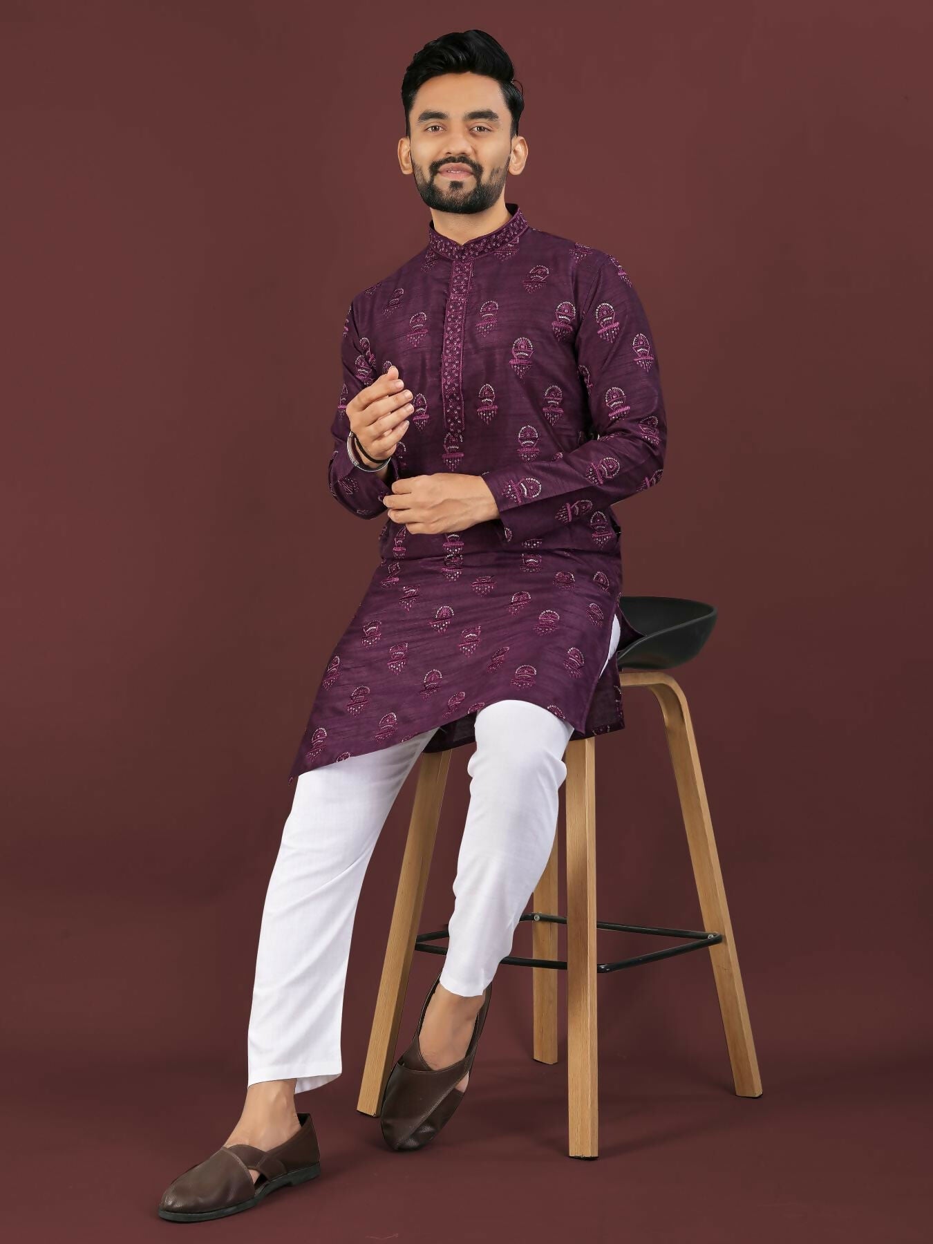 Anaita Purple Embroidered Silk Straight Kurta | Grocsy