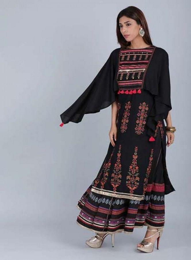 W for Woman Black Mandarin Neck Embellished kurta | Grocsy