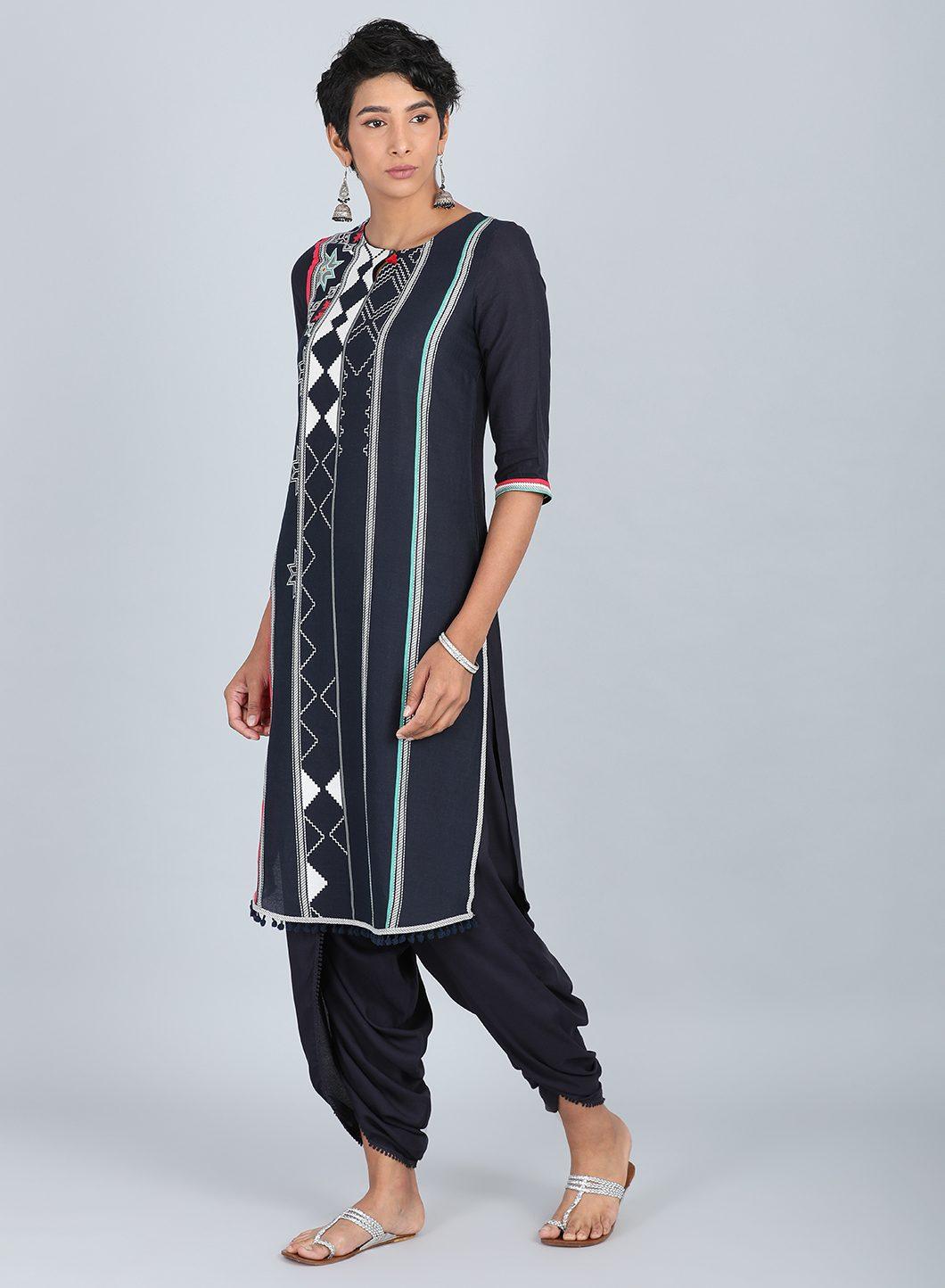 W for Woman Blue Round Neck Printed kurta | Grocsy