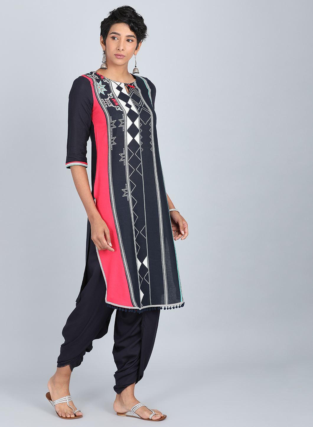 W for Woman Blue Round Neck Printed kurta | Grocsy