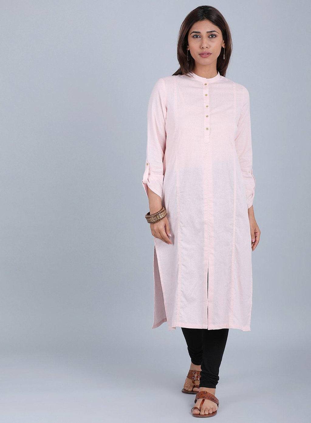 W for Woman Pink Mandarin Neck Solid kurta | Grocsy