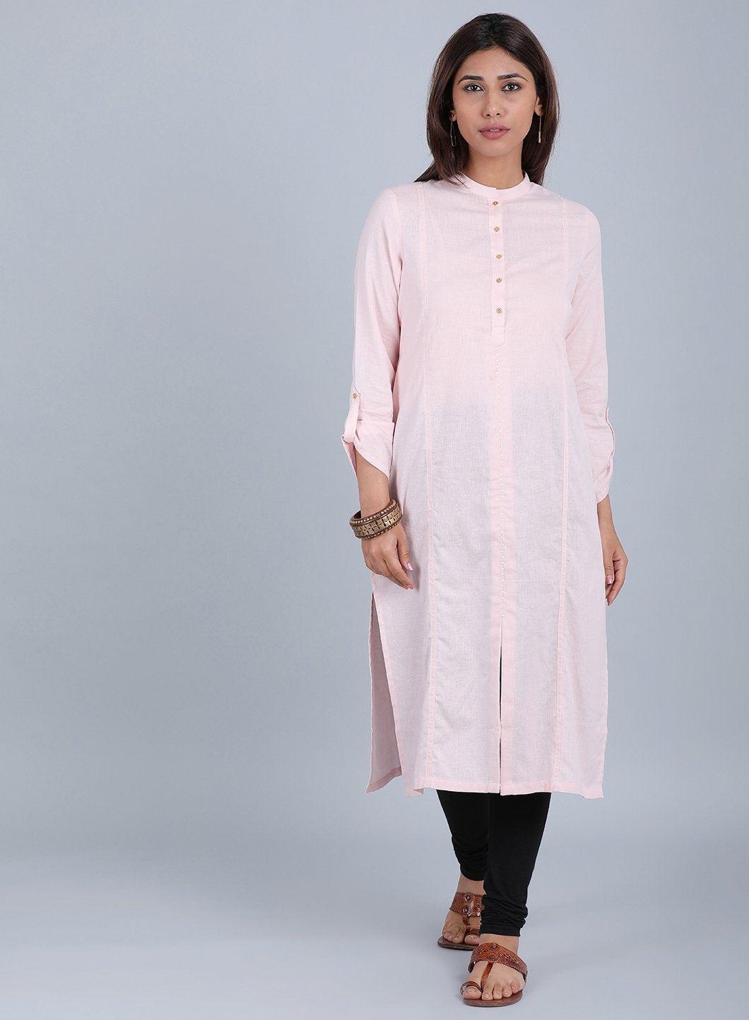 W for Woman Pink Mandarin Neck Solid kurta | Grocsy