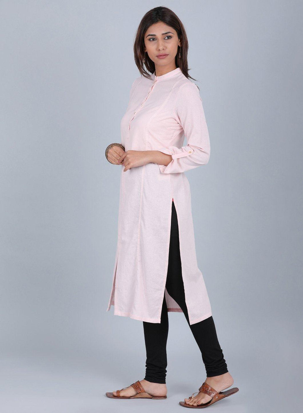 W for Woman Pink Mandarin Neck Solid kurta | Grocsy