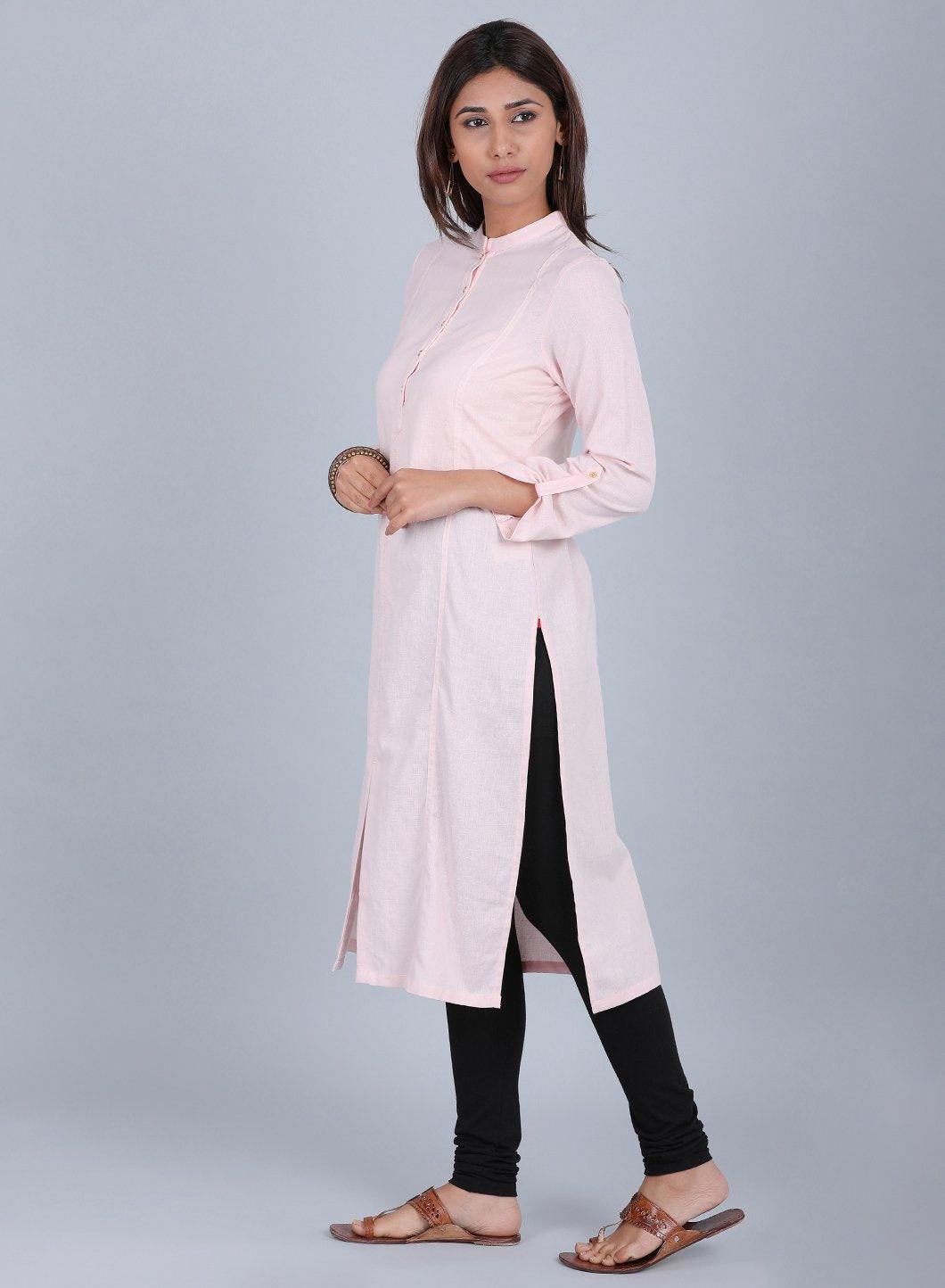 W for Woman Pink Mandarin Neck Solid kurta | Grocsy