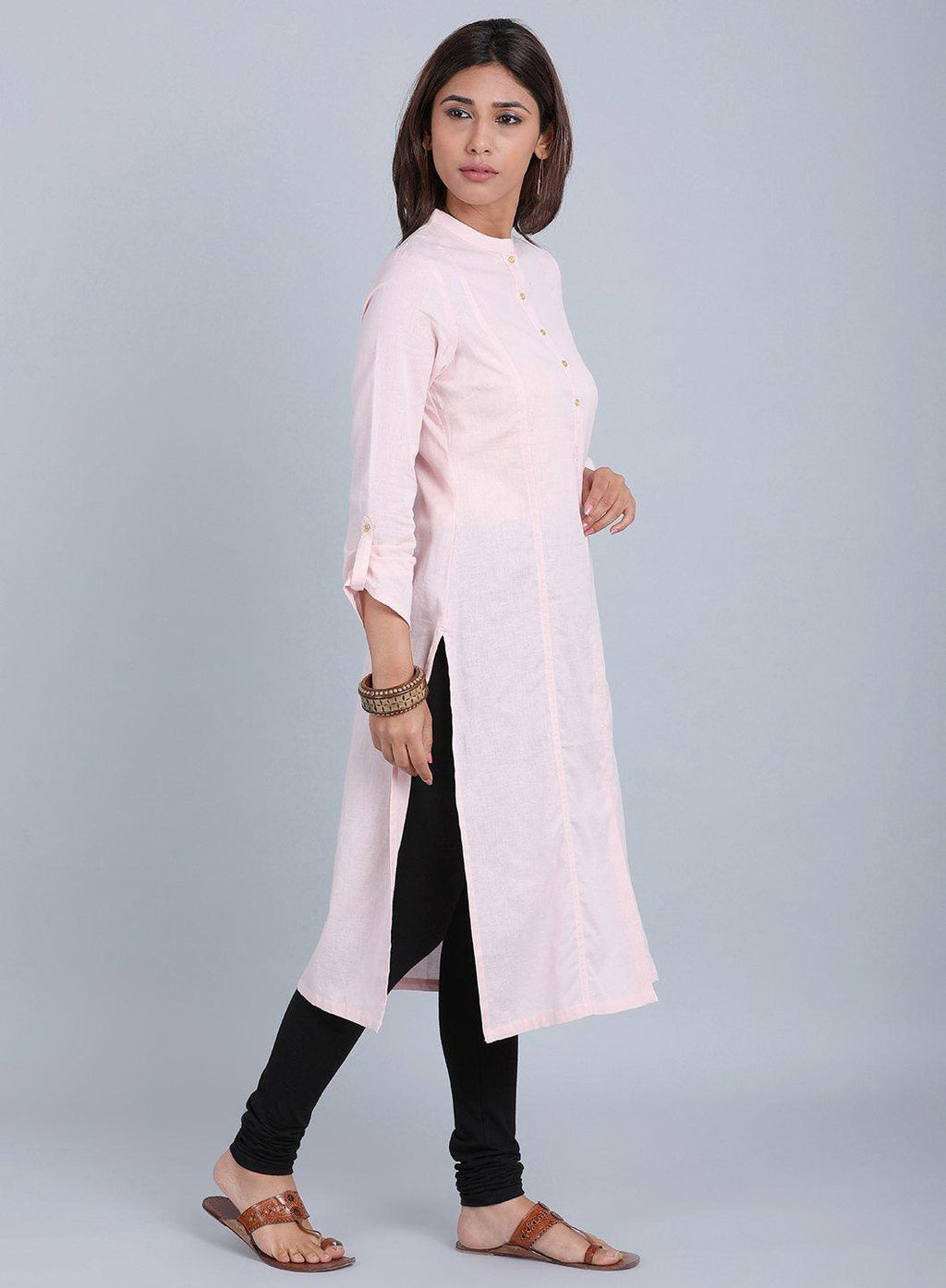 W for Woman Pink Mandarin Neck Solid kurta | Grocsy