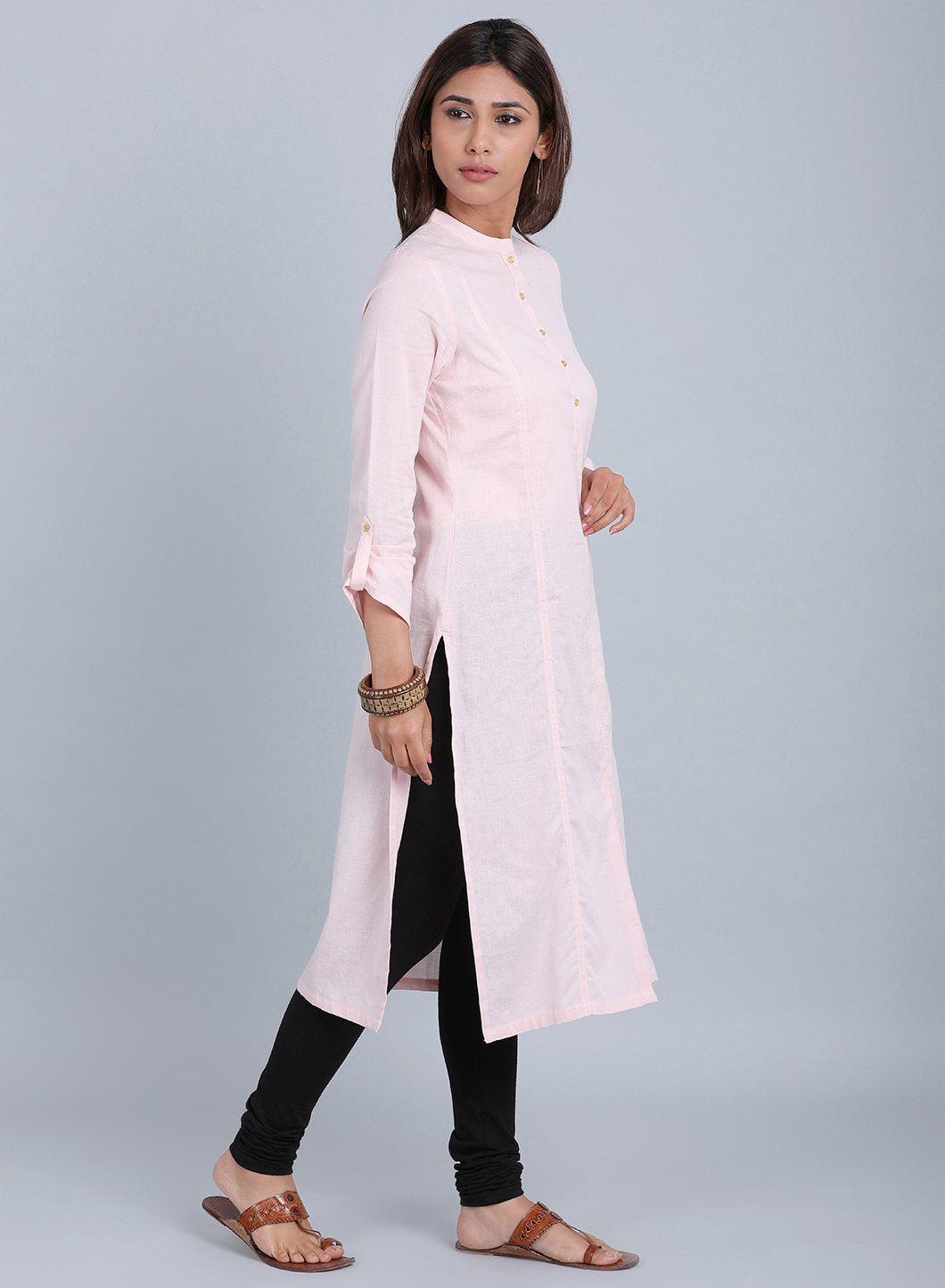 W for Woman Pink Mandarin Neck Solid kurta | Grocsy