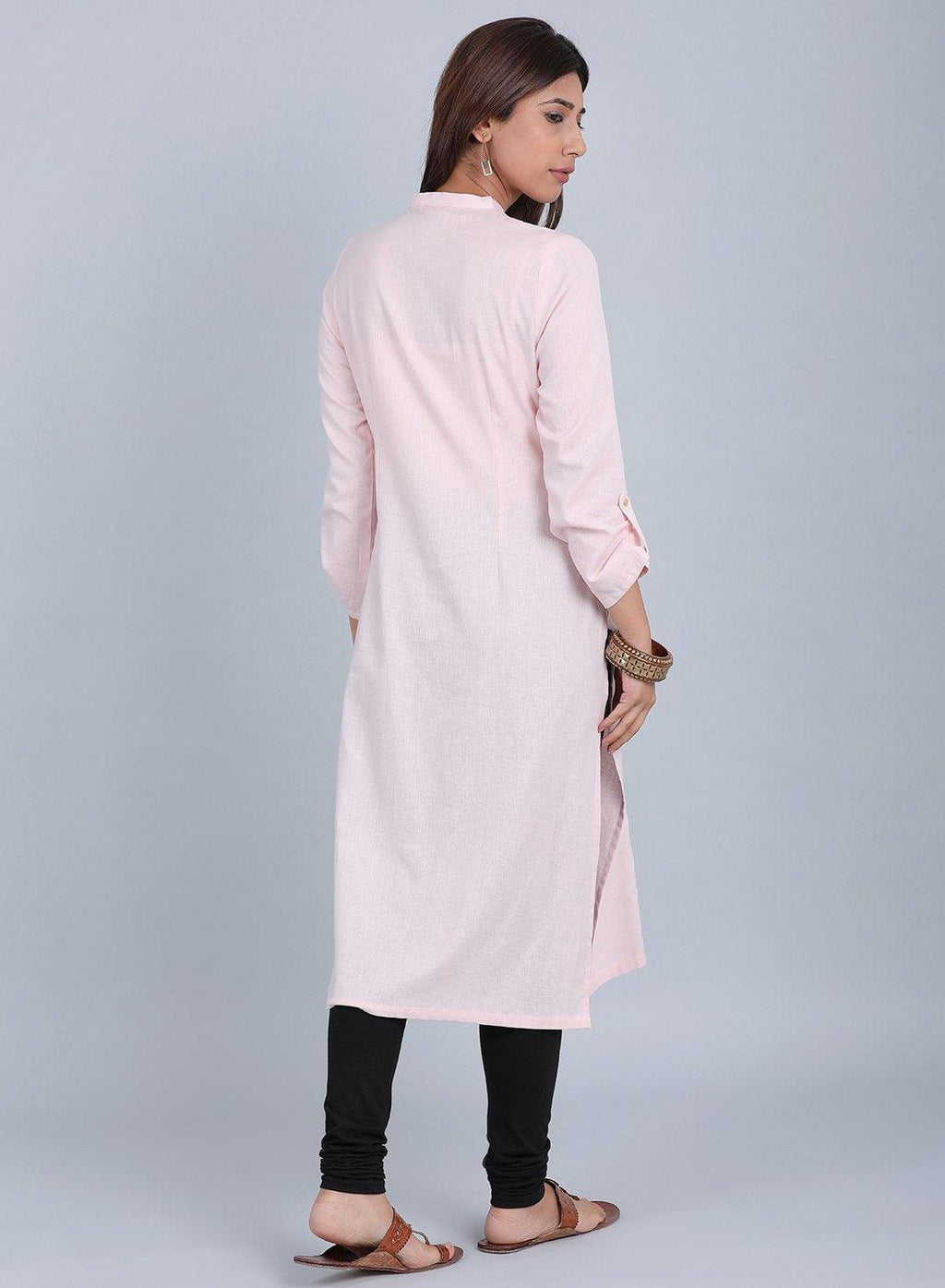 W for Woman Pink Mandarin Neck Solid kurta | Grocsy