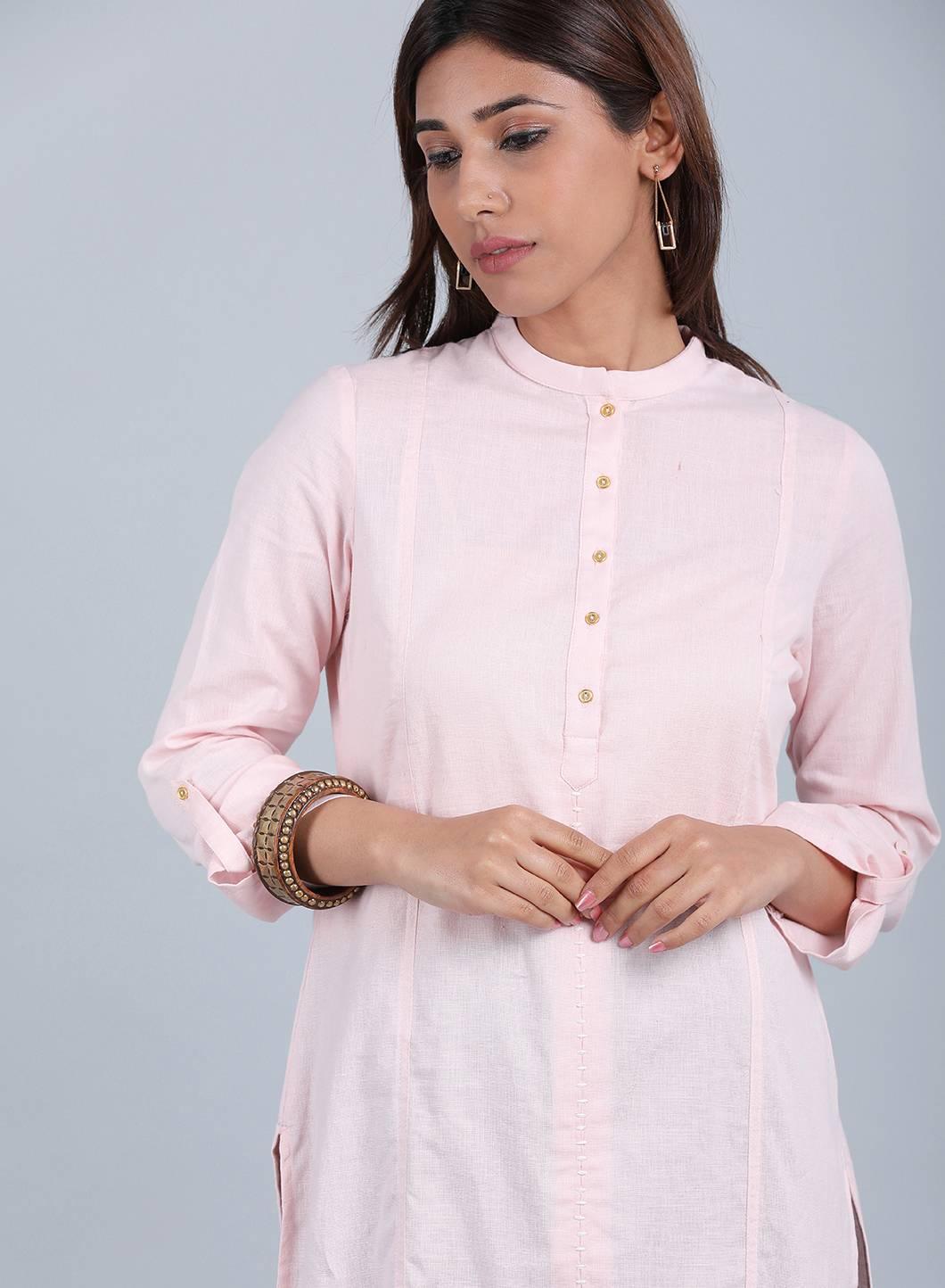 W for Woman Pink Mandarin Neck Solid kurta | Grocsy