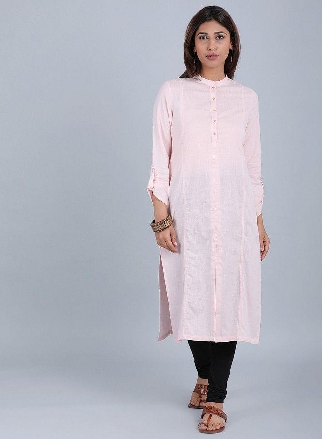 W for Woman Pink Mandarin Neck Solid kurta | Grocsy