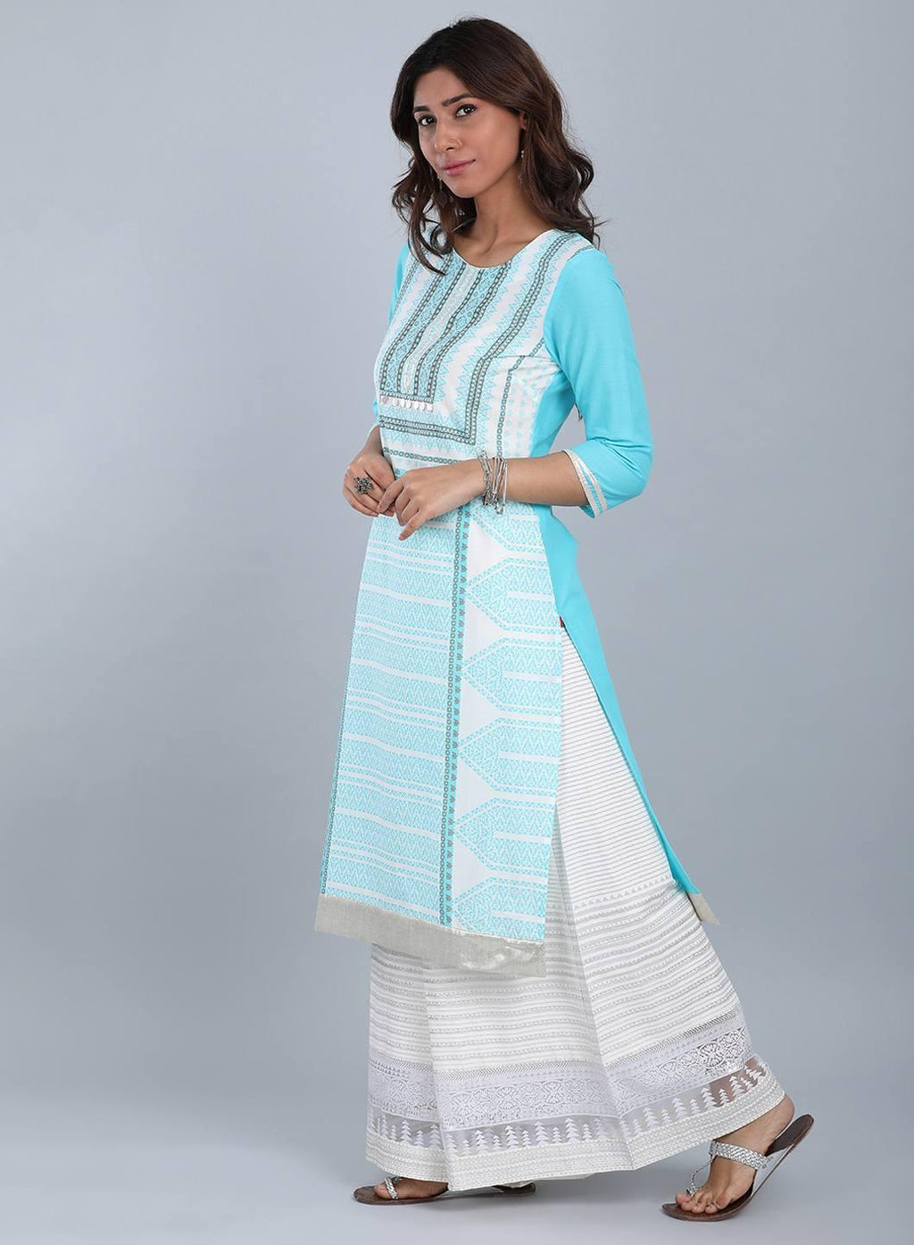 W for Woman Blue Round Neck Printed kurta | Grocsy